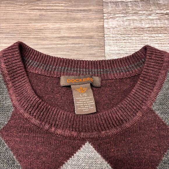 Dockers Burgundy Gray Mens L Argyle Diamond Crewneck Pullover Sweater Grandpa‎ - Picture 4 of 8